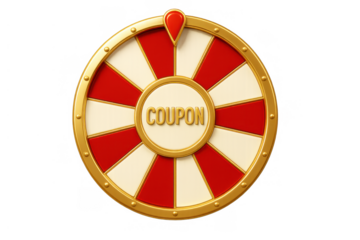 Spinning prize wheel with coupon text, offering chances for luck, winning a discount, or a special bonus game