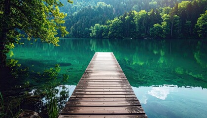 A wooden pier leads to a vibrant turquoise lake, reflecting the surrounding dense green forest and mountains.