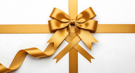 Fototapeta premium Golden satin ribbon tied in a bow on a white background silk 3