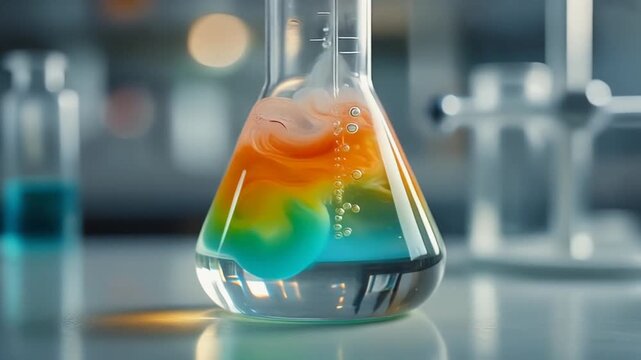 Colorful chemical reaction in Erlenmeyer flask in laboratory.