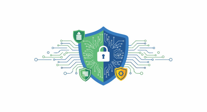 Cyber Security Shield with Lock and Circuitry