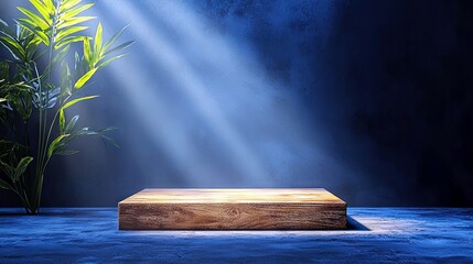 A wooden podium is illuminated by dramatic light rays, with a green plant on the left, set against a dark blue textured background.