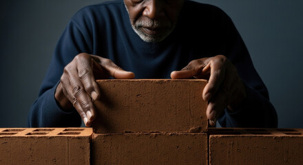 Thoughtful senior man carefully laying bricks while building wall, experienced hands aligning clay blocks with precision, concept of craftsmanship, patience and steady manual work