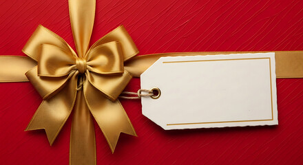 Red gift box with gold ribbon bow and blank white tag image