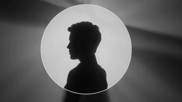 Mysterious silhouette of a person inside a glowing circle with dramatic light rays in the background. Abstract black and white portrait concept for anonymity and identity themes
