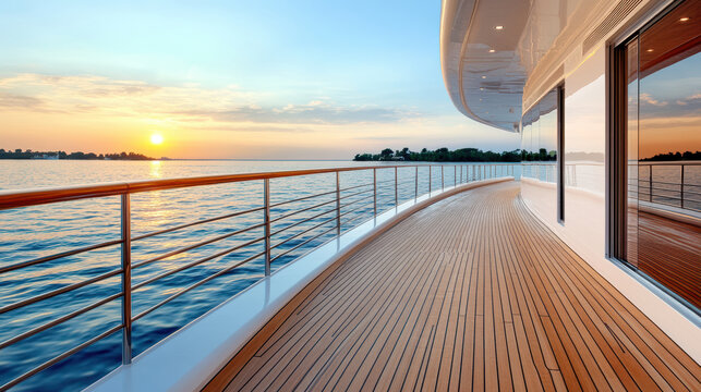 Luxury yacht teak deck railing polished metal sunset reflection calm sea serene cruise