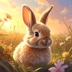 Fototapeta premium Golden Hour Bunny - A Portrait of Innocence in a Meadow.