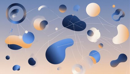 Abstract artwork features floating, interconnected, stylized shapes of blue, orange, and white
