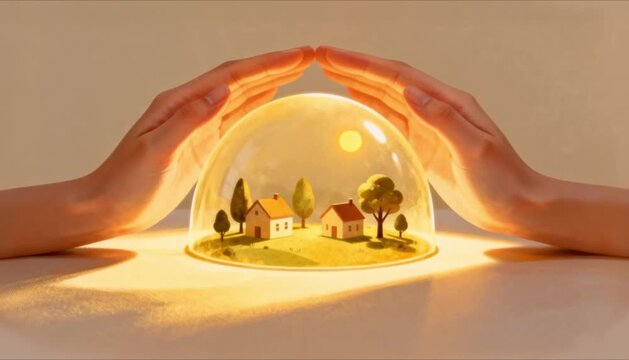 Hands forming a protective dome over a simplified miniature world, perfect for solidarity day