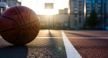 Close up of a basketball on an outdoor court with sunlight and buildings in the background scene view