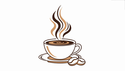 Obraz premium Steaming cup of hot coffee with two coffee bean illustrations sitting on a saucer