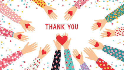 Many diverse hands forming a circle around a central heart with the text thank you, symbolizing gratitude, appreciation, and unity