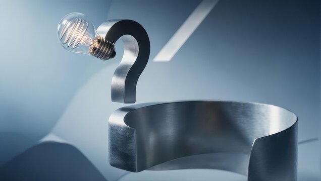A metallic question mark with a lightbulb, suggesting ideas, problem-solving, and innovation on a blue backdrop
