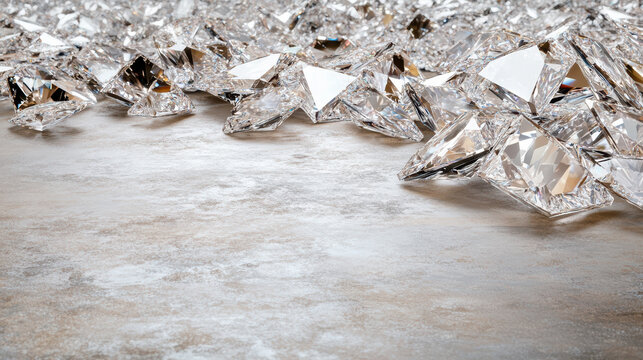 Diamond crystal on textured surface with sparkling prismatic reflections, elegant luxury mood