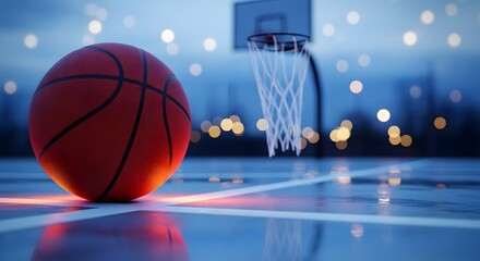Basketball on a court with hoop and lights in the background creating a blurred bokeh effect