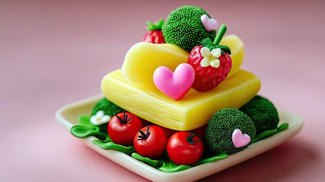 A playful arrangement of food items including cheese, strawberries, tomatoes, and broccoli, decorated with small hearts and flowers, presented on a plate.