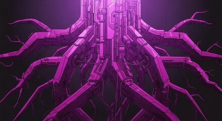 Glowing magenta mechanical root structure radiates light against a dark background