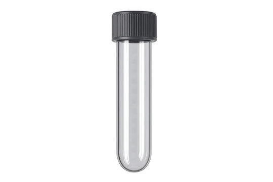 Glass test tube with a black screw cap, ideal for laboratory work, medical research, and analyzing specimens. Transparent background
