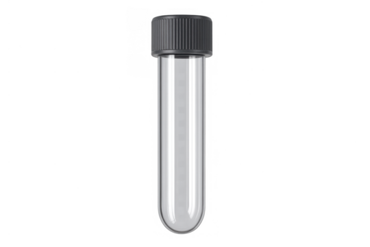Glass test tube with a black screw cap, ideal for laboratory work, medical research, and analyzing specimens. Transparent background