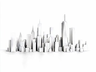 A miniature white model of a city skyline, featuring various skyscrapers and buildings, is displayed against a stark white background with subtle reflections.