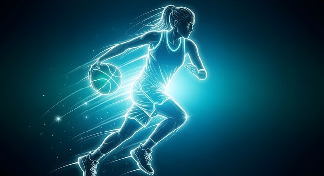 Glowing digital artwork of a female basketball player dribbling with speed and motion trails behind