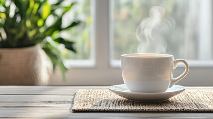 Steaming white cup on saucer warm morning coffee by window cozy atmosphere