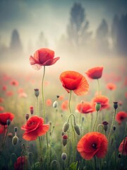 Fototapeta premium Muted red poppies sway gently in a misty field
