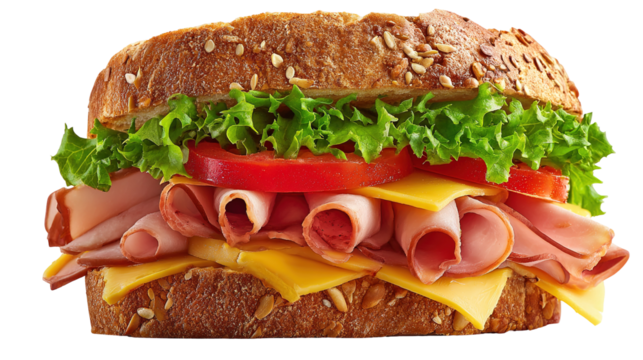 Ham and cheese salad submarine sandwich from freshly cut baguette