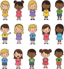 Cartoon children diversity grid, colorful outfits, smiling faces, character design, playful illustration, educational resource, multicultural kids, standing poses, identity learning, happy expressions