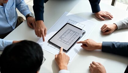 diverse hands working collaboratively on a large, clean table, pointing at a central blueprint or a generic digital tablet display. Professional setting - Powered by Adobe
