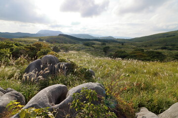 巨岩とススキが織りなす太古の風景