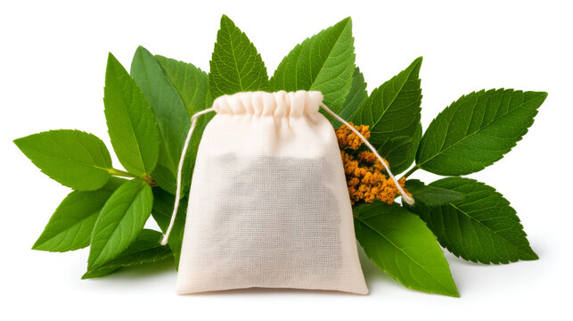 Herbal tea bag cotton pouch green leaf natural organic isolated white background fresh healthy relaxation aromatic calming eco friendly wellness alternative dried floral spa detox clean botanical
