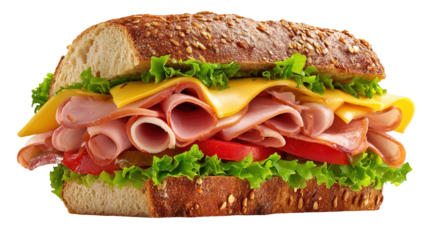 Ham and cheese salad submarine sandwich from freshly cut baguette