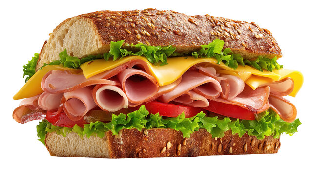 Ham and cheese salad submarine sandwich from freshly cut baguette