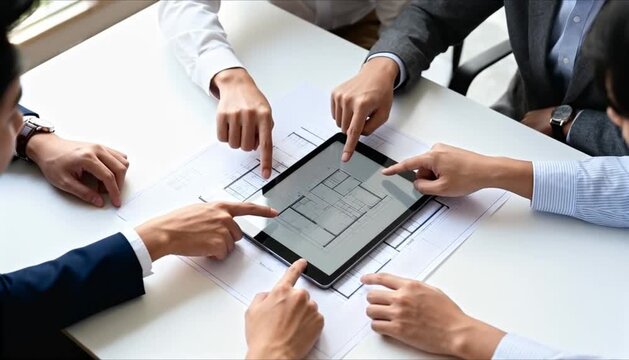 diverse hands working collaboratively on a large, clean table, pointing at a central blueprint or a generic digital tablet display. Professional setting