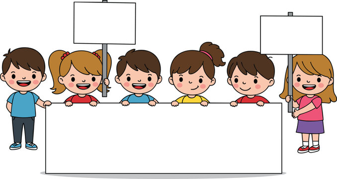 Cartoon children holding blank banner, cheerful group, colorful clothing, smiling faces, customizable signs, educational design, announcement template, playful illustration, communication concept
