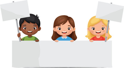 Cartoon children holding blank signs, customizable banner, cheerful expressions, diverse kids, message space, educational design, protest concept, announcement template, communication, playful