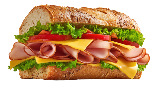 Ham and cheese salad submarine sandwich from freshly cut baguette