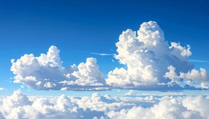 Bright, fluffy clouds fill a clear blue sky from above.