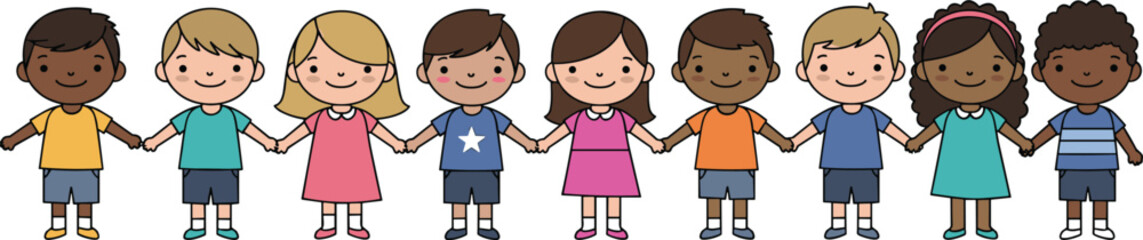 Cartoon children holding hands, diverse group, unity, friendship, colorful outfits, smiling faces, inclusive illustration, happy kids, standing line, togetherness, social bonding, peace