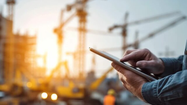 Generative AI. Construction worker using tablet on site, with cranes and machinery in the background, showcasing modern technology in the construction industry and project management