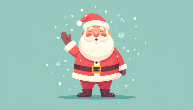 Illustration of Santa Claus waving with snowflakes on a light blue background.