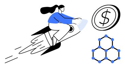 Woman riding rocket aiming for dollar coin and hexagonal molecular structure, symbolizing progress, financial growth, innovation, and career success. Ideal for business, technology, education