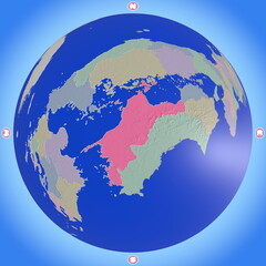 都道府県を色分けした、愛媛県のプラネット風地図
