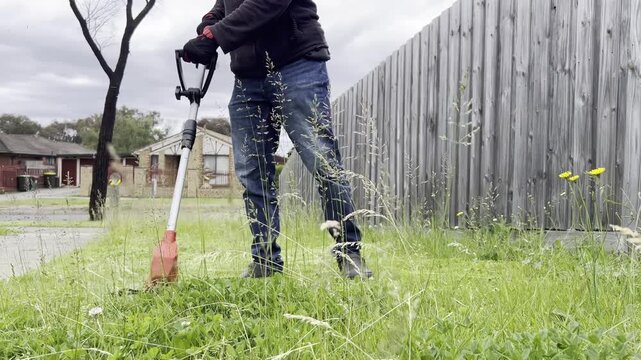 Trimming overgrown grass along wooden fence in urban backyard setting.