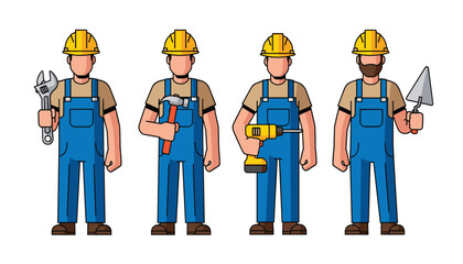 Four construction worker characters in blue overalls and yellow hard hat holding various tool like wrench hammer drill and trowel