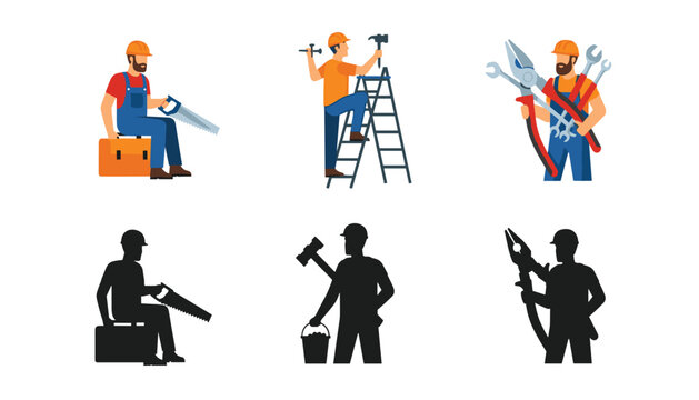 Set of six construction worker icons showing different repair and building tasks with tools, including color illustrations and black silhouettes
