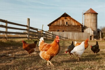 Chickens roaming in a farmyard with a wooden barn and silo in the background
