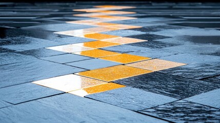 A wet, patterned walkway made of dark gray and yellow diamond-shaped tiles reflects light, creating a zigzag design.