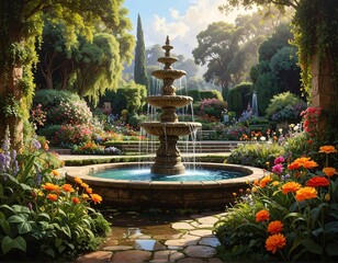 Enchanting garden scene: A tranquil oasis with a multi-tiered fountain centerpiece